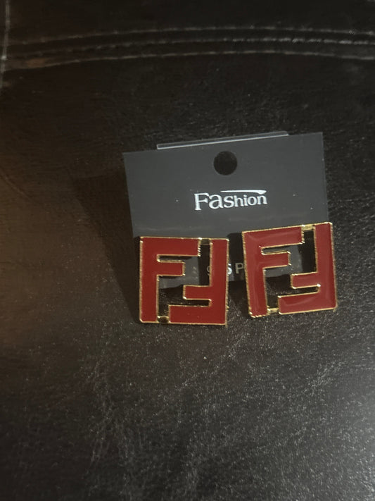 Luxury Inspired FF Logo Red Enamel Square Stud Earrings 🔴💰✨