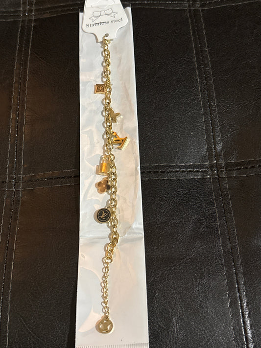 Luxury Inspired Gold-Plated Multi-Charm Chain Bracelet in Stainless Steel 💰🌸✨