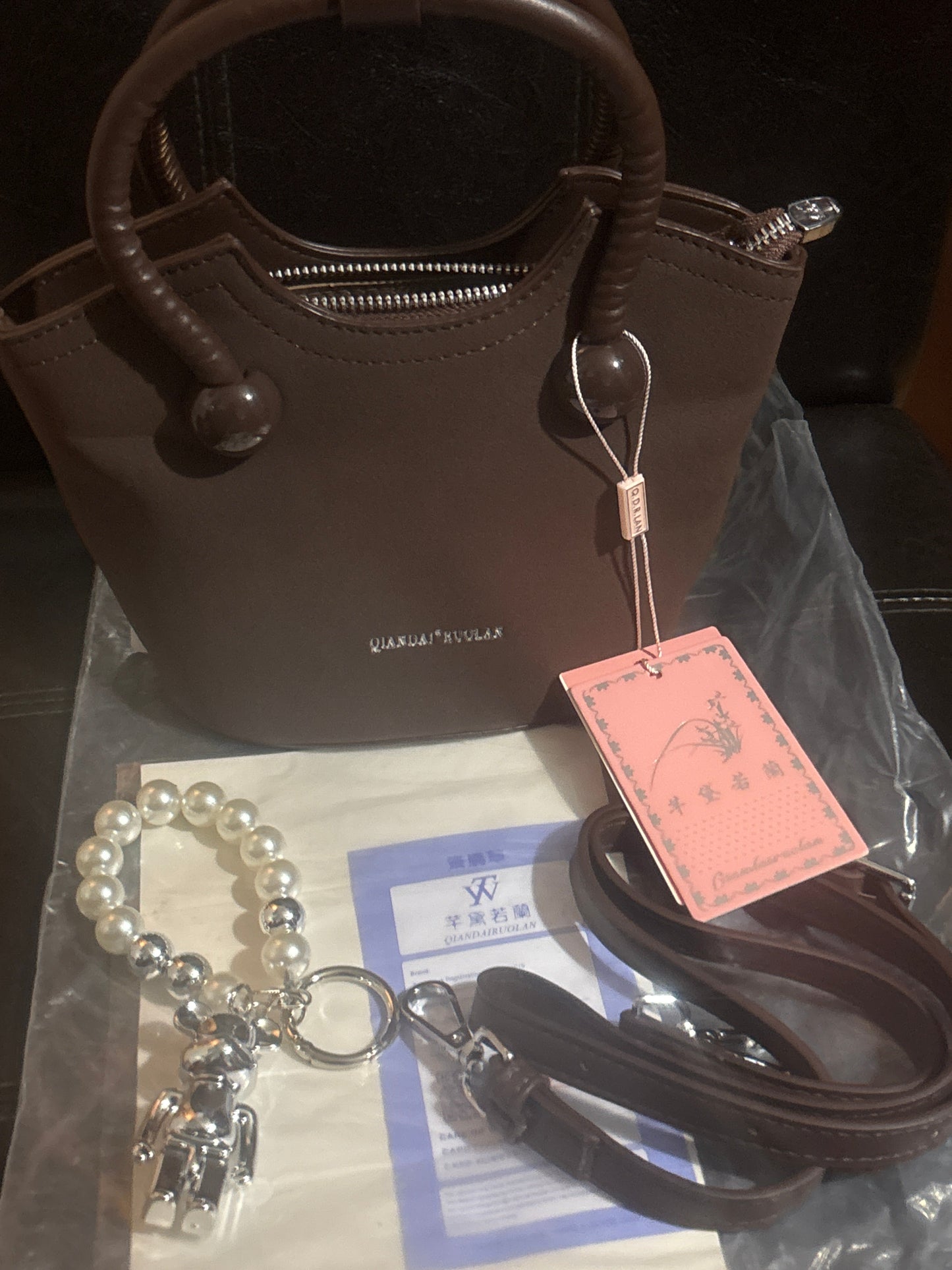 Luxury Brown Faux Leather Bucket Handbag with Pearl Charm & Shoulder Strap 🫖🤎✨