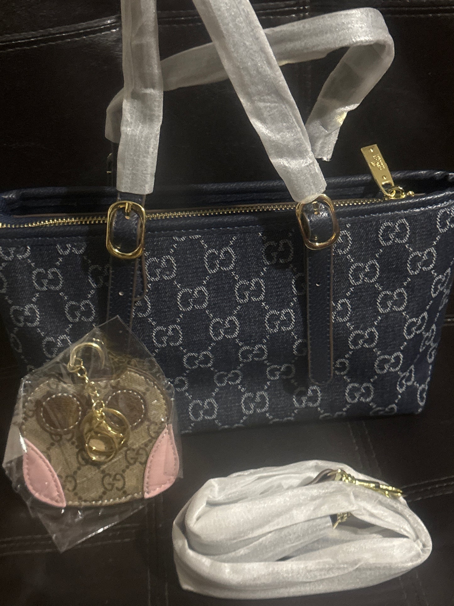 Luxury Inspired GG Monogram Black N Blue Tote Handbag Set with Crossbody Strap & Bunny Keychain 👜🖤🐰✨