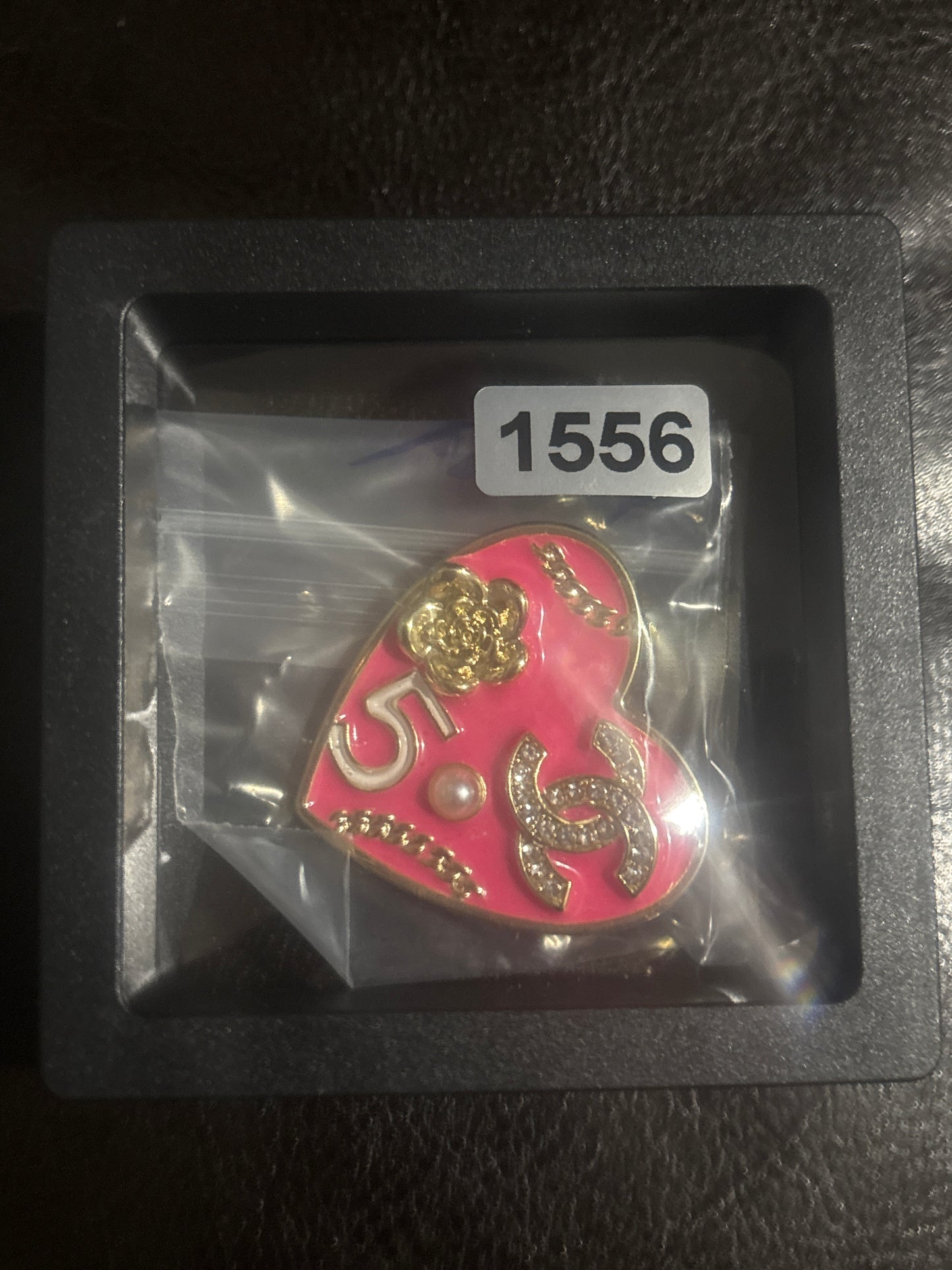 ✨ Pink Enamel Heart Brooch Pin with CC Logo, Pearl & Floral Motifs — Item #1556