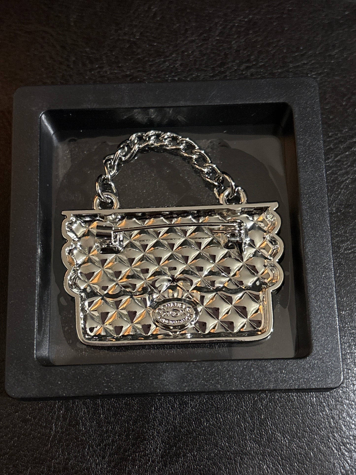 Luxury Inspired Miniature Flap Handbag Brooch in White Glitter Enamel & Silver-Tone with Chain Handle 👜🤎💰✨