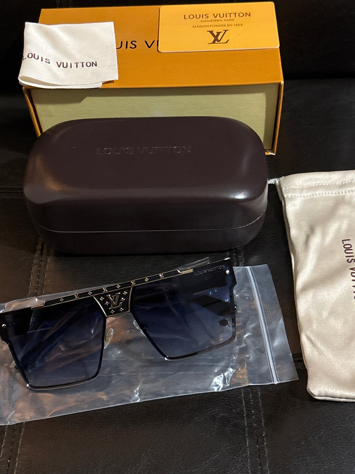 Luxury Inspired LV Square Rimless Sunglasses | Gradient Blue, Black LV Logo Hinge & Gold Studs 🕶️🖤✨ #0321