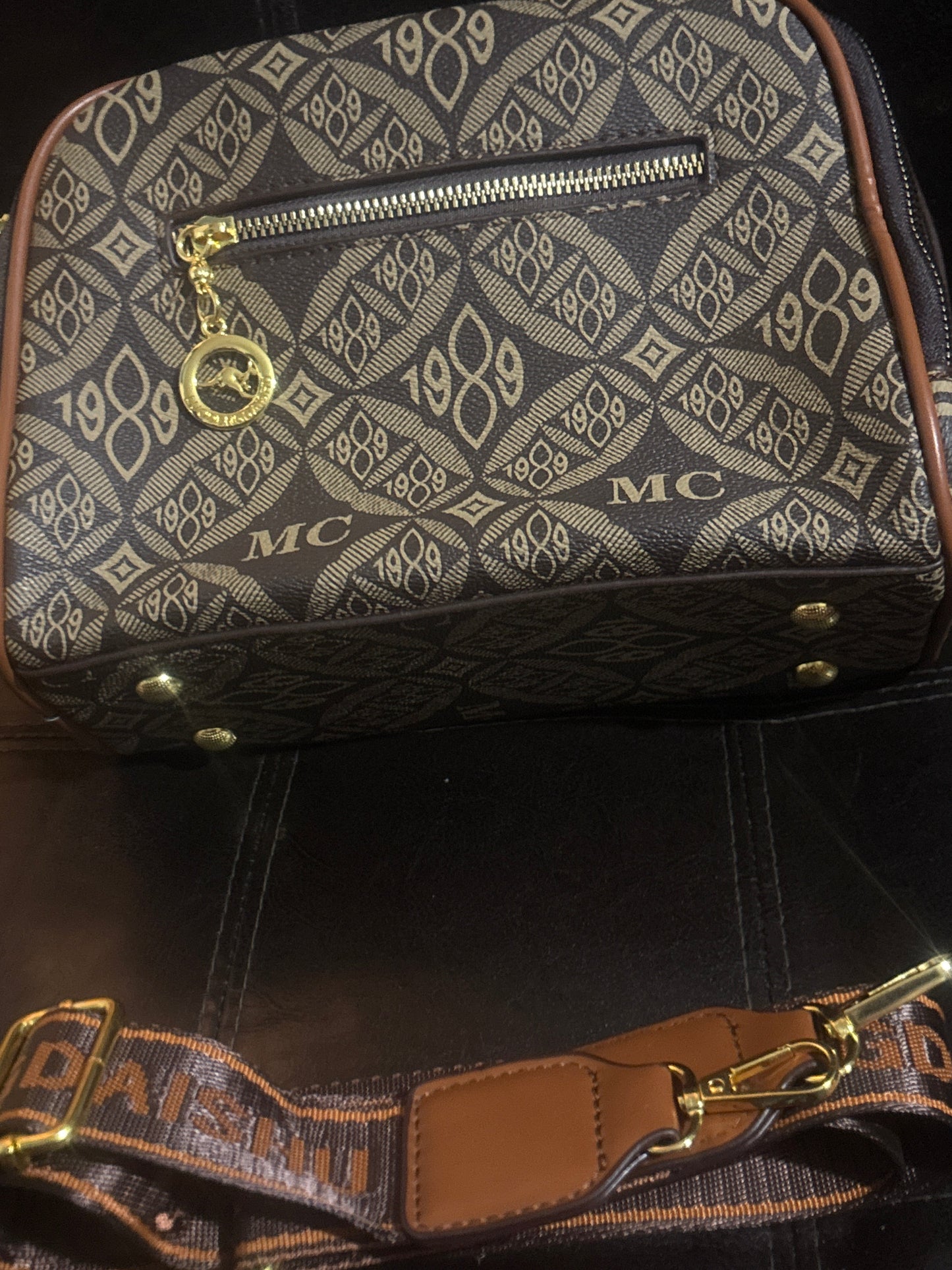 Luxury Vintage MC Monogram Camera Crossbody Bag with Gold Kangaroo Emblem & Jacquard Strap 🦘🤎✨