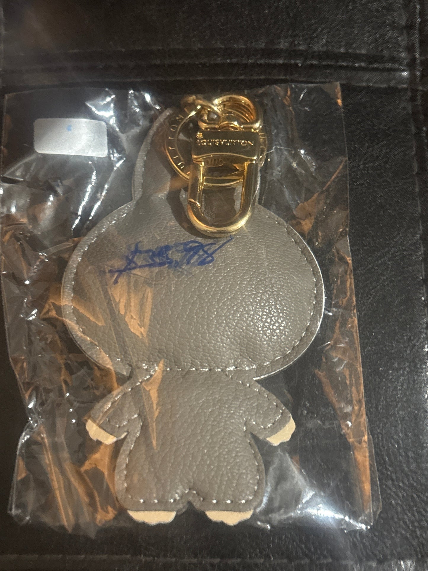 Luxury Inspired Labubu Grey Leather Bag Charm & Keychain with LV Branding & Gold Clasp 🐰🦶✨