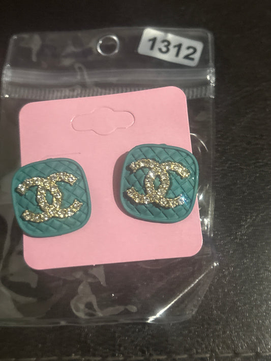 Luxury Inspired CC Crystal Teal Quilted Square Stud Earrings 💧💎✨