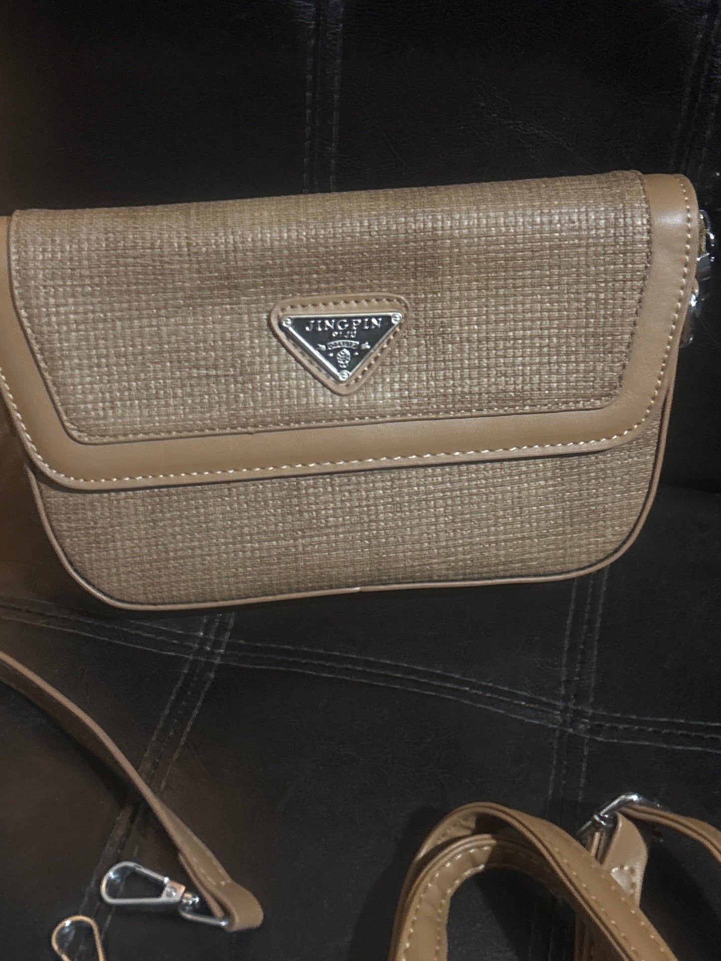 Luxury Woven Flap Beige Crossbody Shoulder Bag with Triangle Logo Plaque & Dual Straps 🧵🤎✨