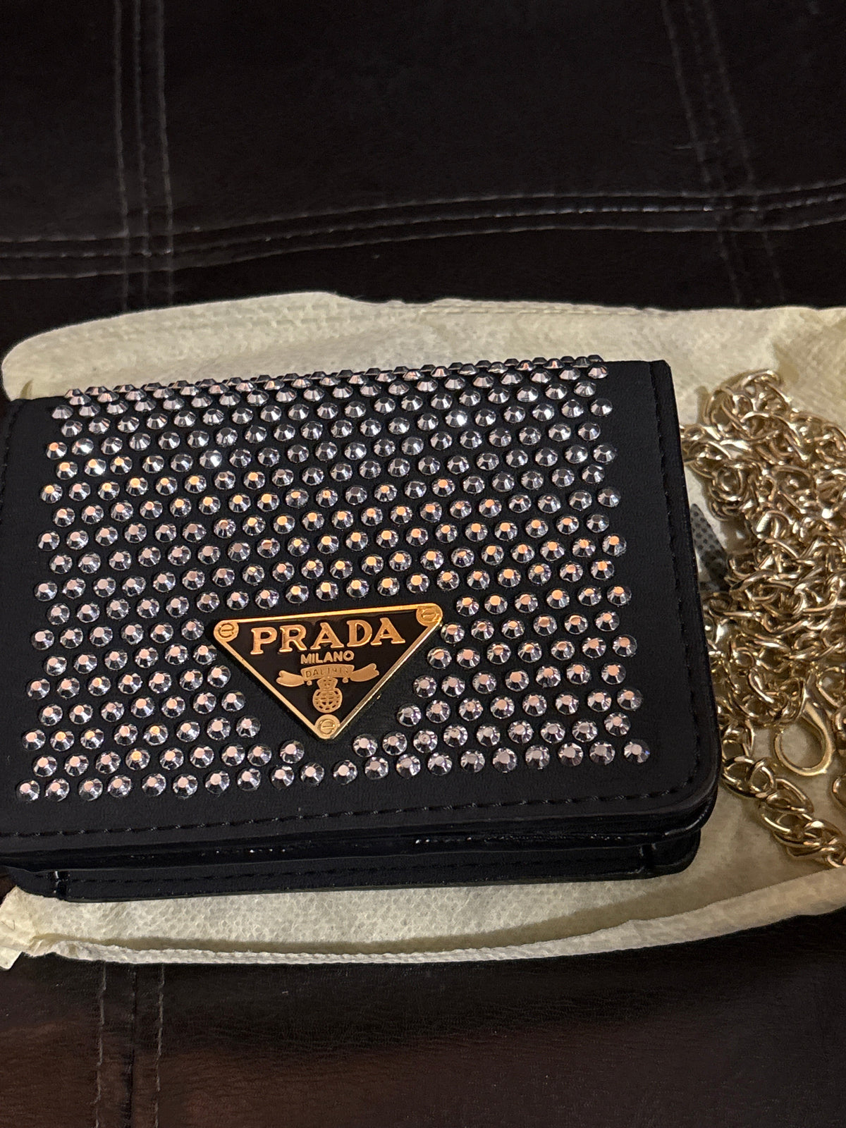 Luxury Inspired Prada Crystal-Embellished Flap Card Holder Bag | Black & Gold Chain 🖤💫✨ #0315