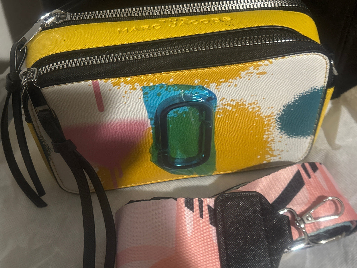 Marc Jacobs Snapshot Camera Bag 🎨💥✨ Graffiti Paint Splash | Yellow, White, Teal & Pink | Pink Wide Logo Strap 💎👜