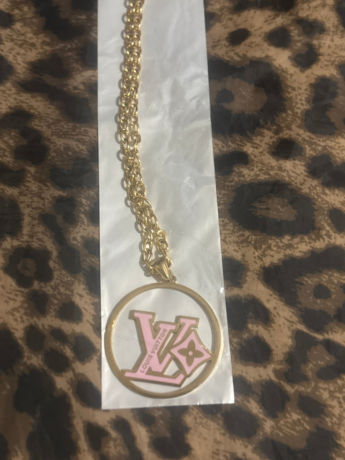 Pink & Gold LV Logo Pendant Necklace | Stainless Steel Chain | Designer-Inspired | Item #0011
