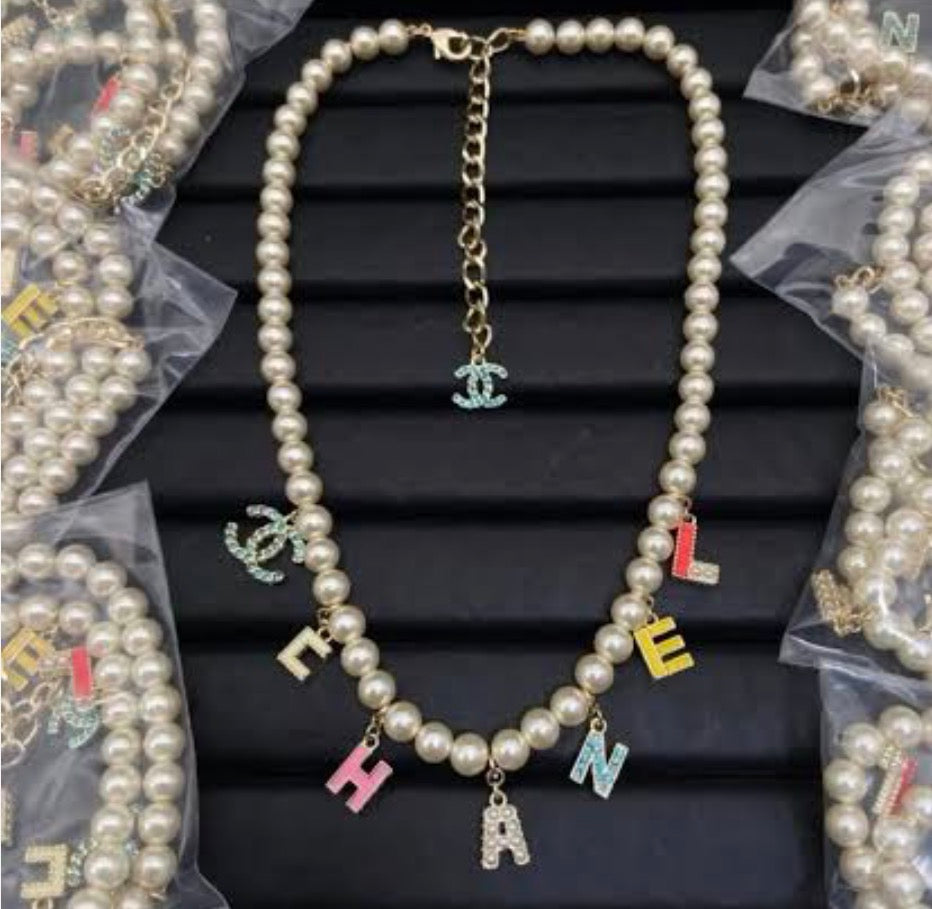 🌈 Luxury Pearl Multi-Color Letter & CC Rhinestone Charm Necklace — Style #1230 🫖✨