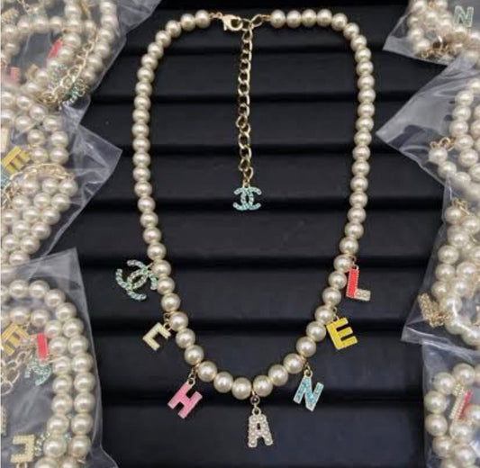 🌈 Luxury Pearl Multi-Color Letter & CC Rhinestone Charm Necklace — Style #1230 🫖✨