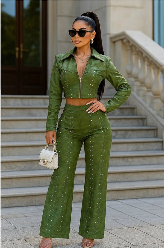 ✨Olive Green Rhinestone Faux Leather Two-Piece Set💚