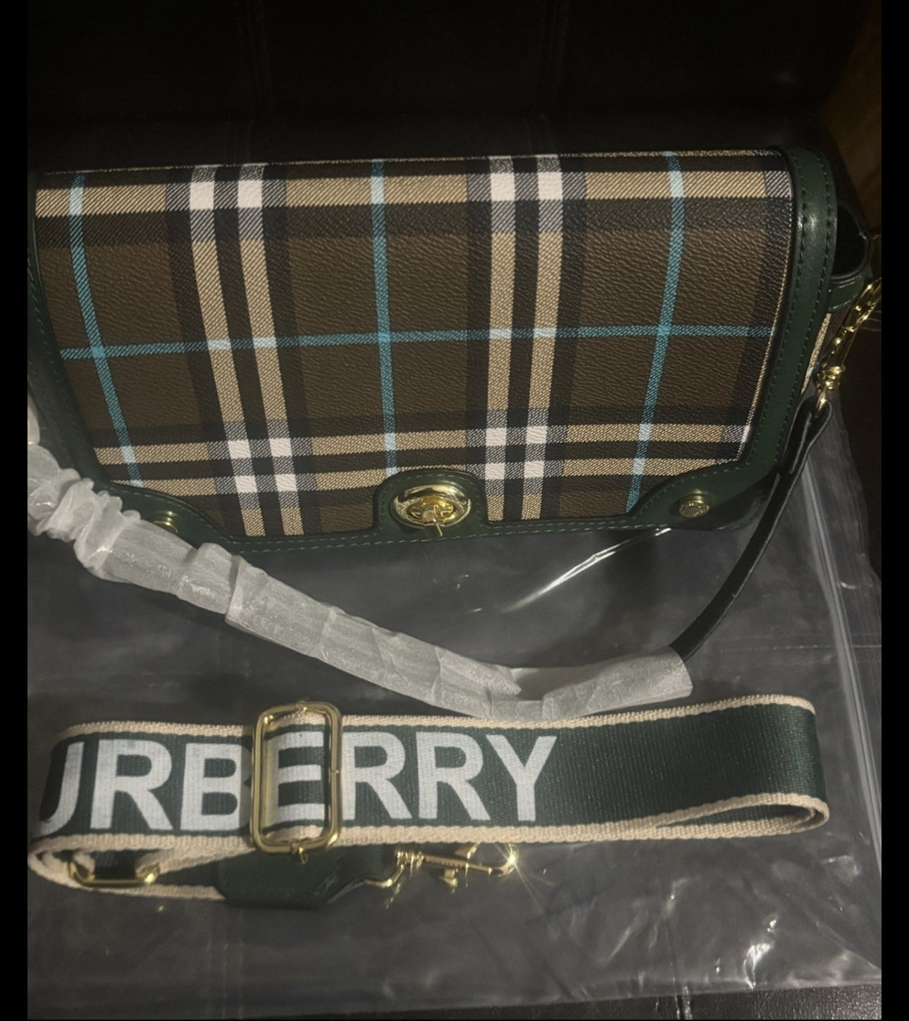 ✨Forest Green Plaid Flap Crossbody Bag Bold Logo Strap 🌿✨
