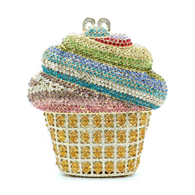 Ice Cream Gold Crystal Luxury Evening Bag 🍦💫✨ | Pearl & Floral Embellishments | Party Purse | Luxury Designer-Inspired Handbag 💎