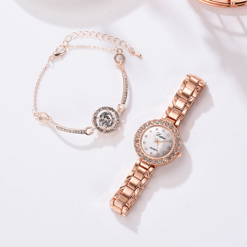 Women's Geometric Bangle & Watch Set ⌚✨ Fashion Quartz Bracelet Set | Rose & Silver 🌹🤍🖤