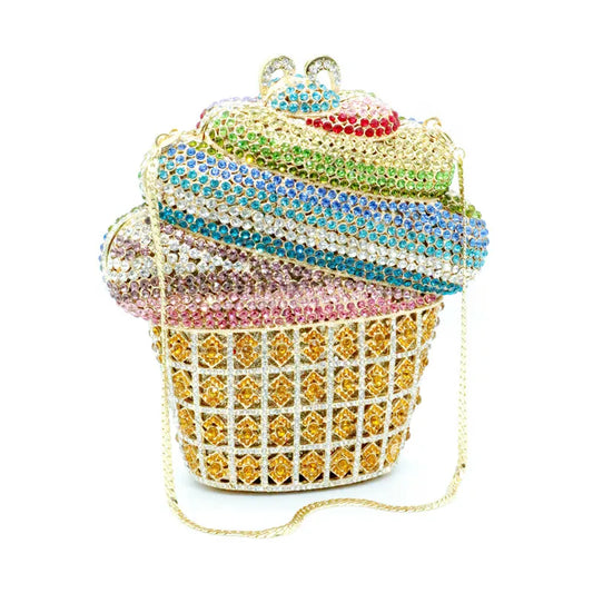 ✨Ice Cream Gold Crystal Luxury Evening Bag 🍦💫✨ | Pearl & Floral Embellishments | Party Purse | Luxury Designer-Inspired Handbag 💎