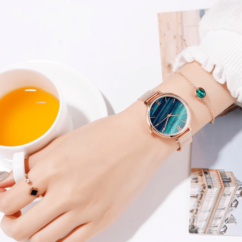 Rose Gold Mesh Watch & Bracelet Set ⌚✨ Women's Luxury Quartz | White, Blue, Green & Brown 🌹💛