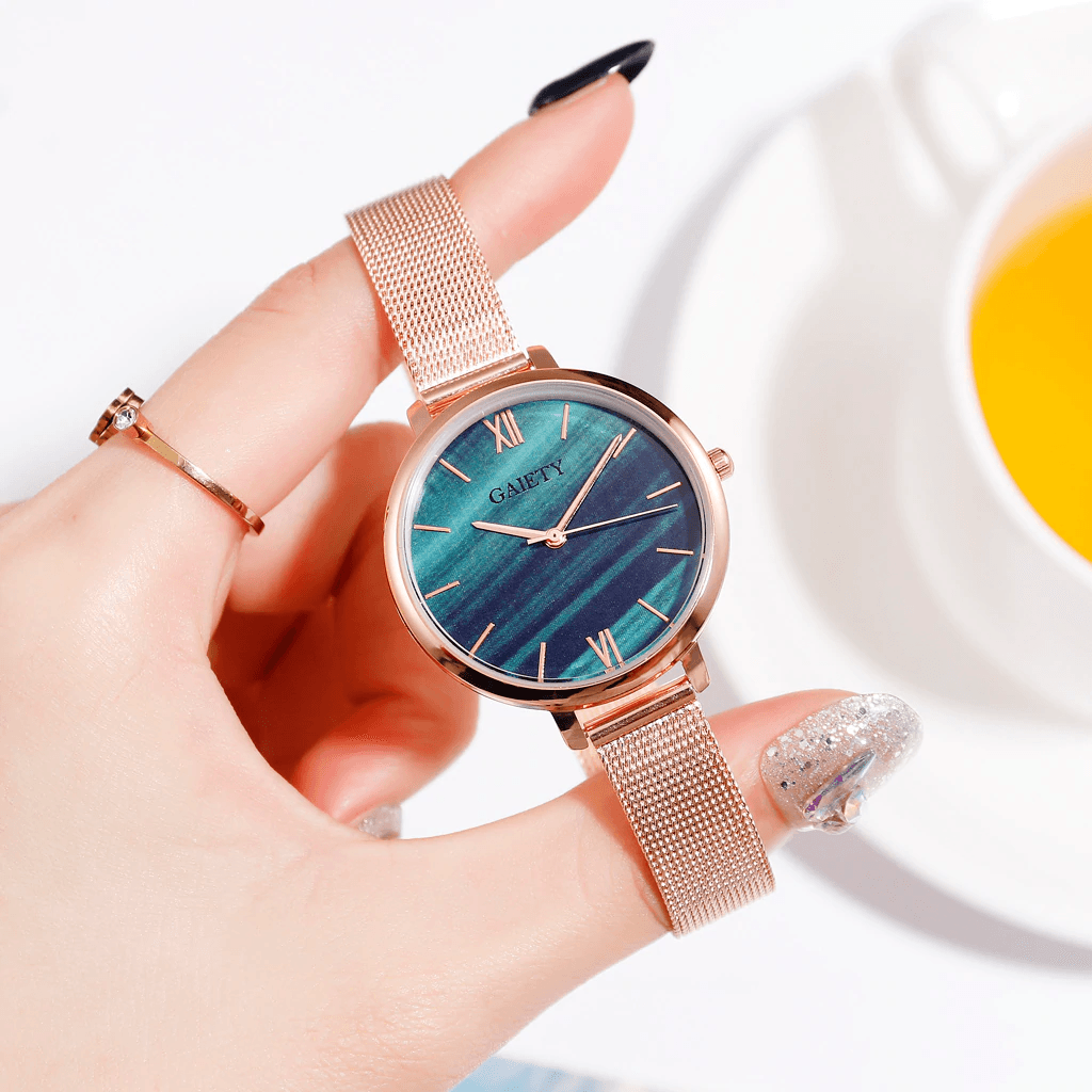 Rose Gold Mesh Watch & Bracelet Set ⌚✨ Women's Luxury Quartz | White, Blue, Green & Brown 🌹💛