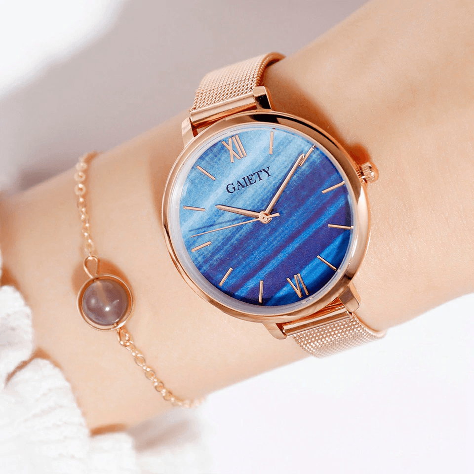 Rose Gold Mesh Watch & Bracelet Set ⌚✨ Women's Luxury Quartz | White, Blue, Green & Brown 🌹💛