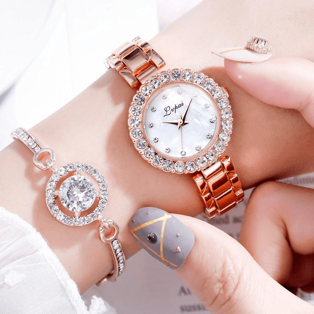 Women's Geometric Bangle & Watch Set ⌚✨ Fashion Quartz Bracelet Set | Rose & Silver 🌹🤍🖤