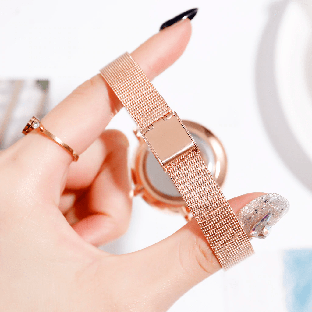 Rose Gold Mesh Watch & Bracelet Set ⌚✨ Women's Luxury Quartz | White, Blue, Green & Brown 🌹💛