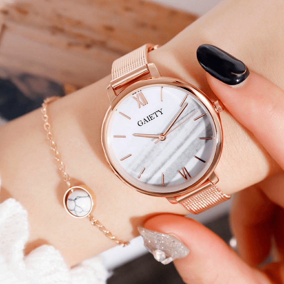 Rose Gold Mesh Watch & Bracelet Set ⌚✨ Women's Luxury Quartz | White, Blue, Green & Brown 🌹💛