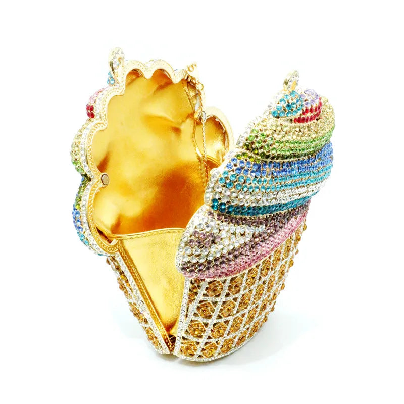 Ice Cream Gold Crystal Luxury Evening Bag 🍦💫✨ | Pearl & Floral Embellishments | Party Purse | Luxury Designer-Inspired Handbag 💎