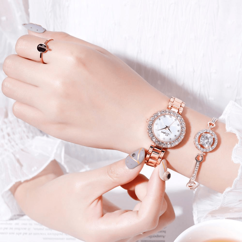 Women's Geometric Bangle & Watch Set ⌚✨ Fashion Quartz Bracelet Set | Rose & Silver 🌹🤍🖤