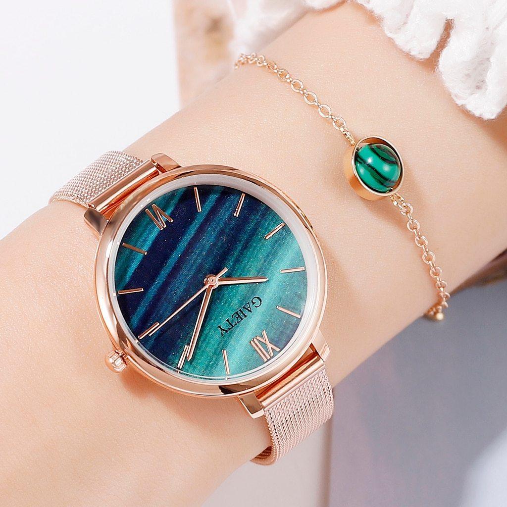 Rose Gold Mesh Watch & Bracelet Set ⌚✨ Women's Luxury Quartz | White, Blue, Green & Brown 🌹💛
