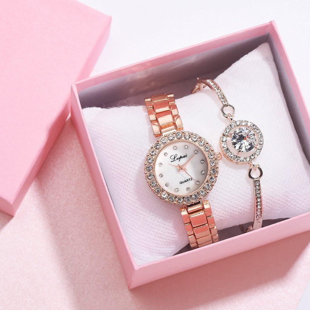 Women's Geometric Bangle & Watch Set ⌚✨ Fashion Quartz Bracelet Set | Rose & Silver 🌹🤍🖤