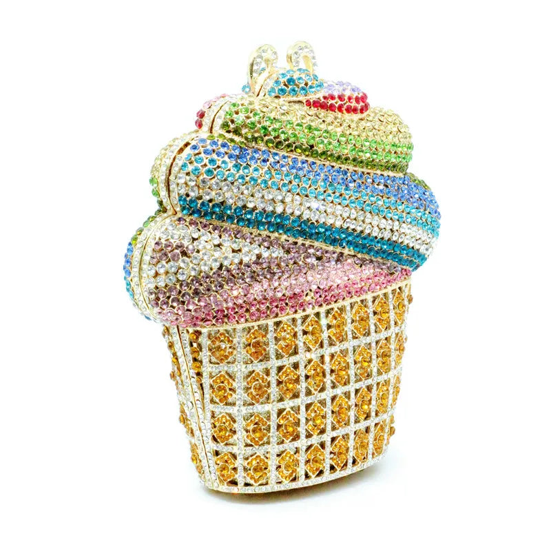Ice Cream Gold Crystal Luxury Evening Bag 🍦💫✨ | Pearl & Floral Embellishments | Party Purse | Luxury Designer-Inspired Handbag 💎