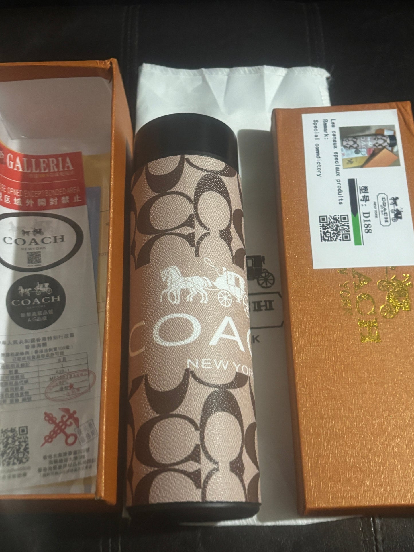 Coach New York Signature Thermos Tumbler tan brown CC monogram horse carriage logo in gift box