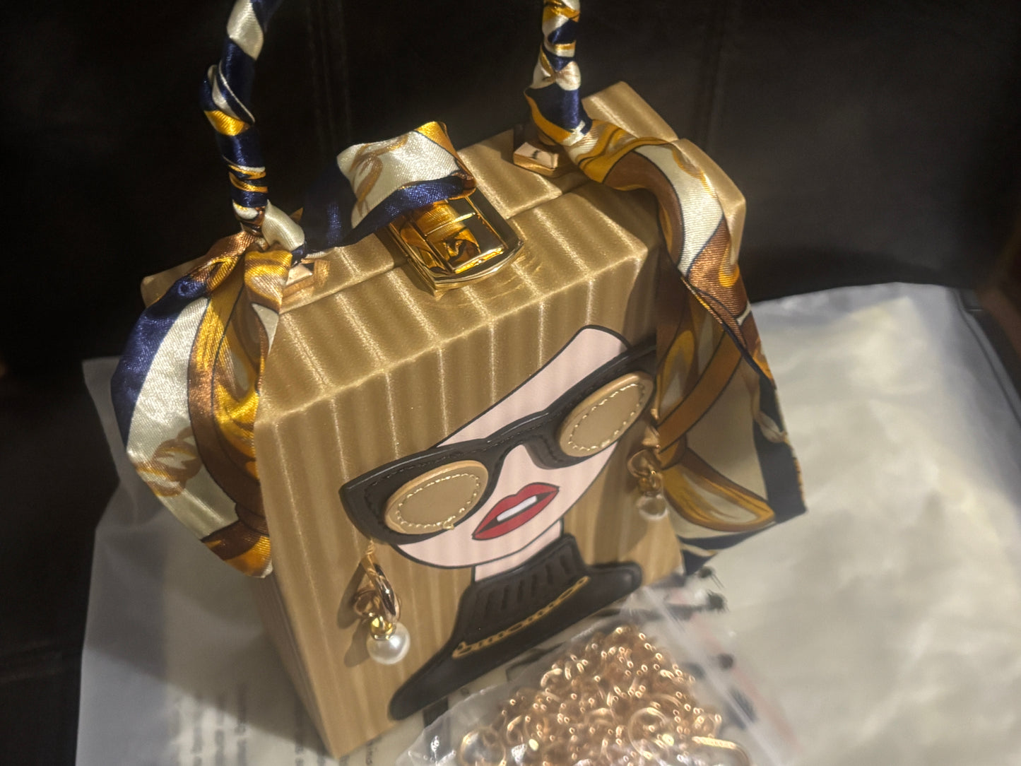 Black and Gold Novelty Fashion Girl Structured Tote Bag 🖤👓✨ Silk Scarf Handle | Pearl Drop Earrings | Gold Chain 💎👜