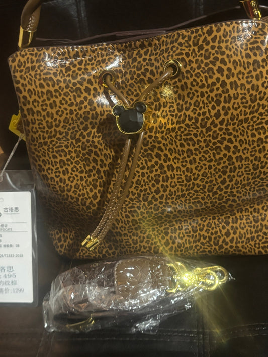 Luxury Mickey Mouse Leopard Print Bucket Bag with Mickey Head Drawstring Toggle 🐆🐭💰✨