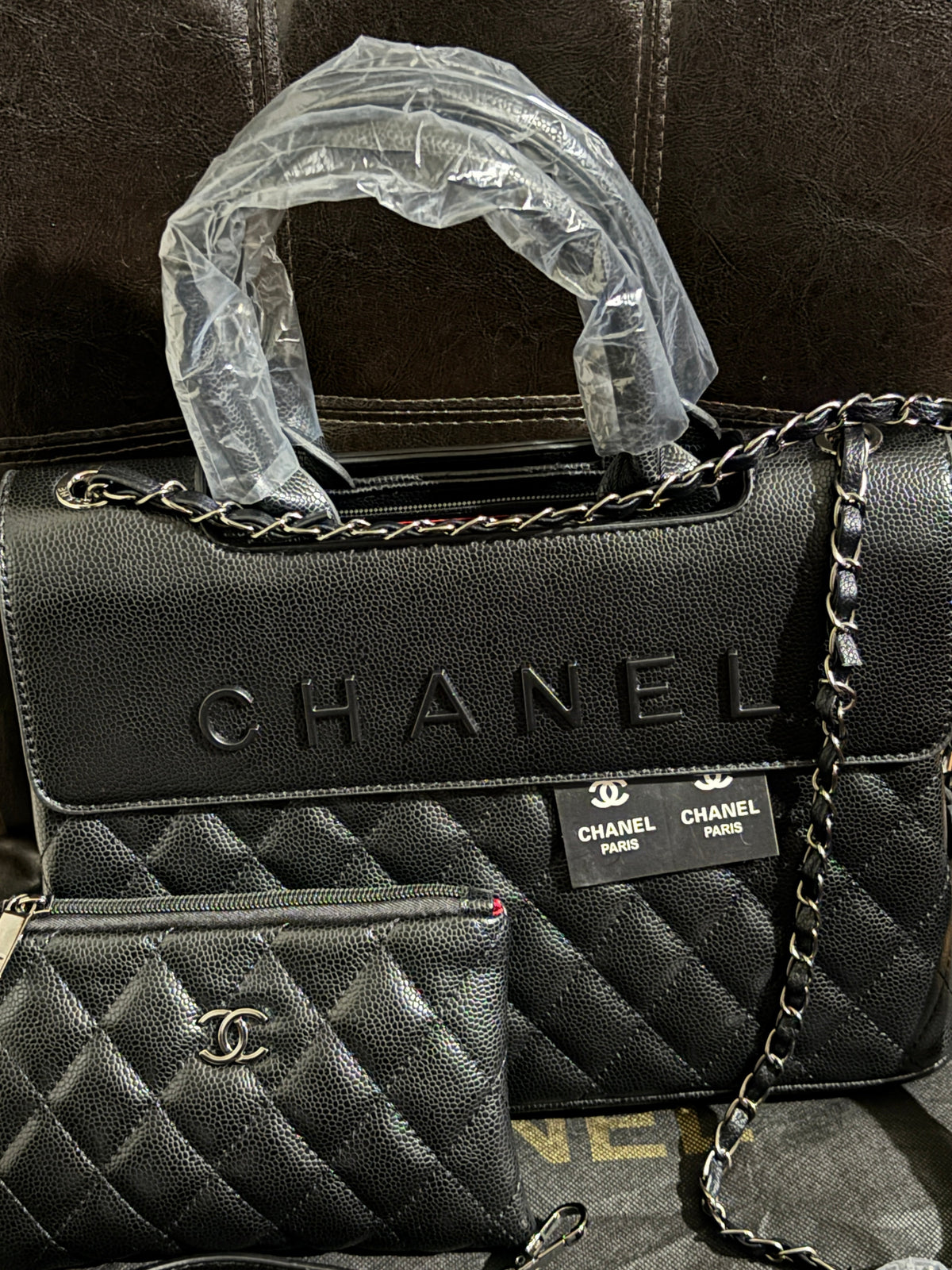 Luxury Inspired Chanel CC Caviar Tote Bag & Mini Pouch Set | Black & Silver 🖤✨👑 #1010