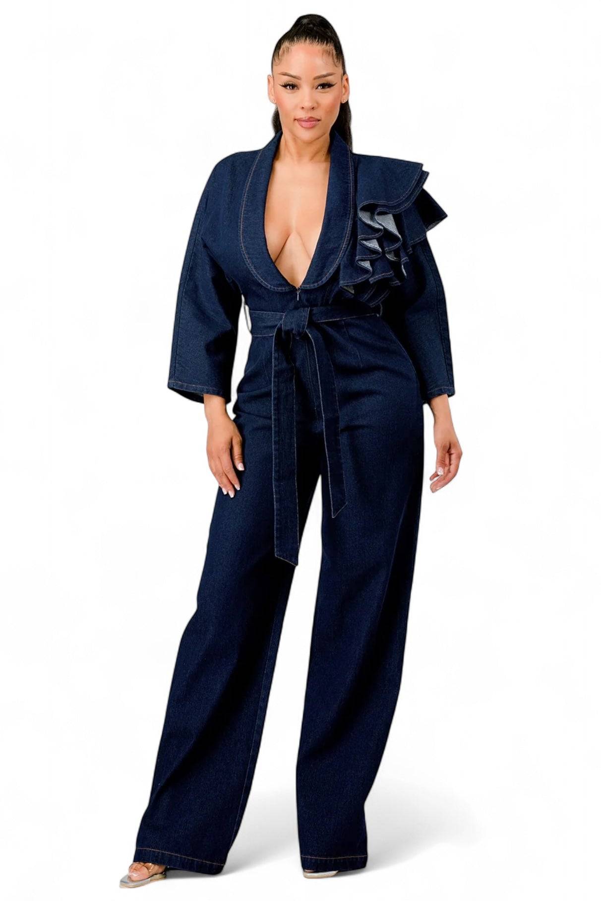 Dark Denim Ruffle Shoulder Jumpsuit