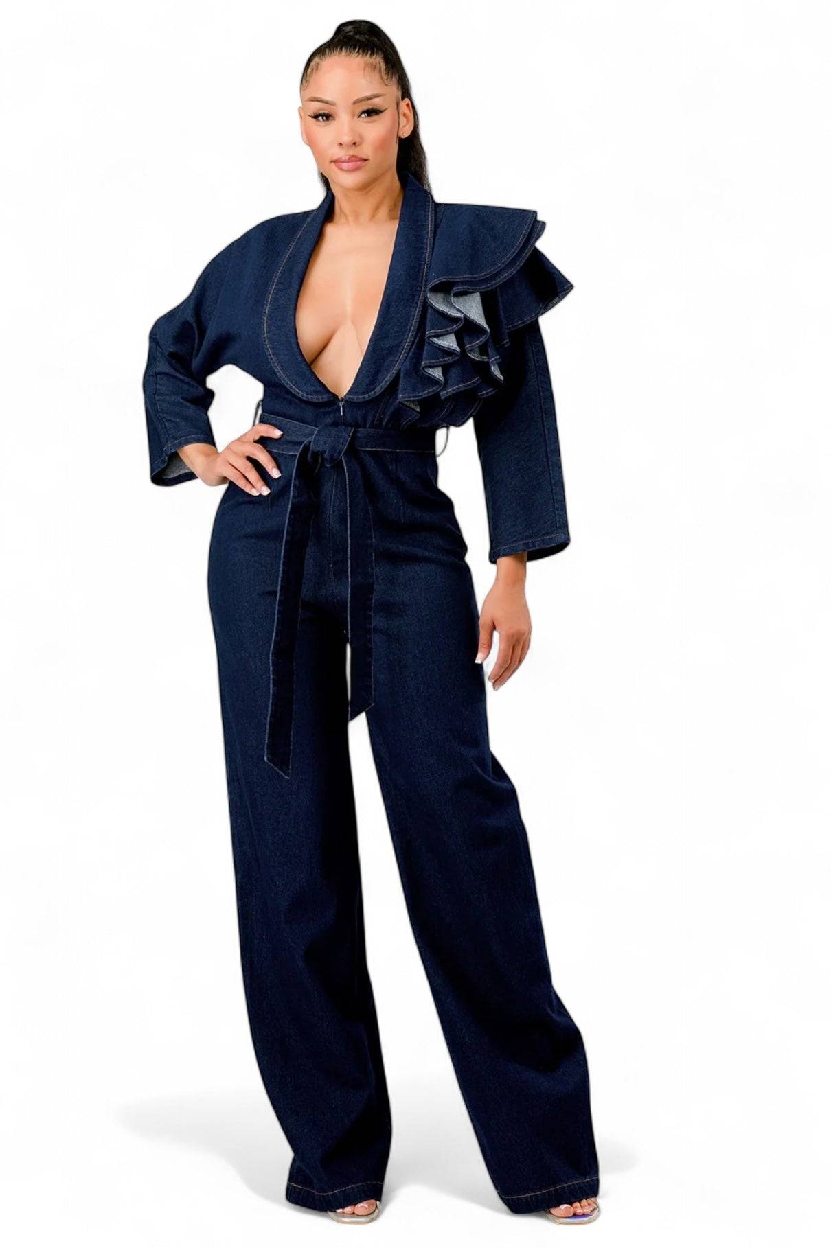 Dark Denim Ruffle Shoulder Jumpsuit