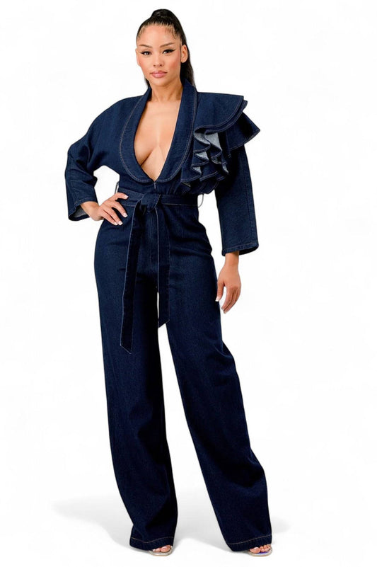 Dunkelblauer Jeans-Overall mit Rüschenschultern