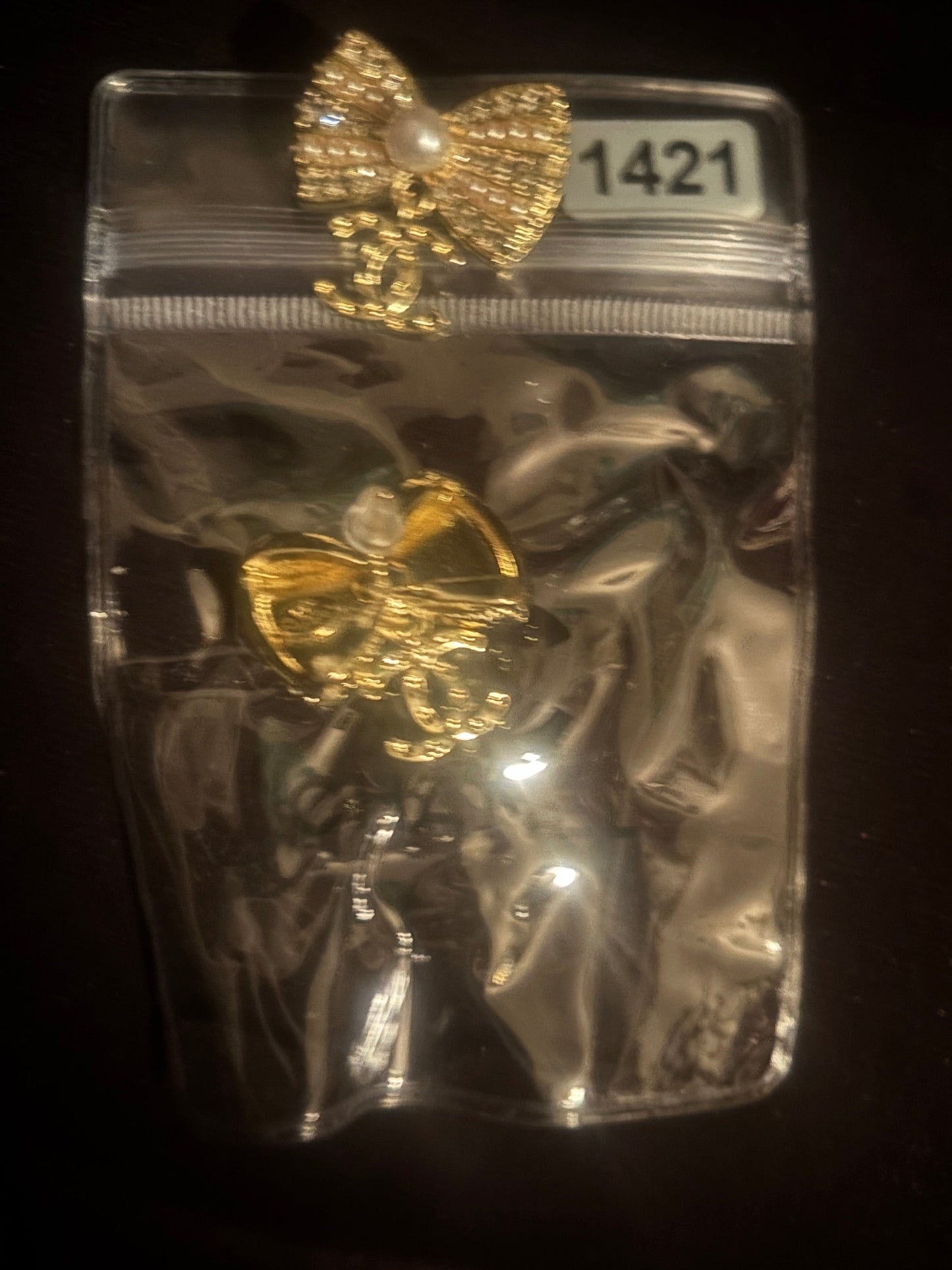 ✨The Luxe 🎀 Gold Crystal Bow & Pearl Logo Drop Earrings