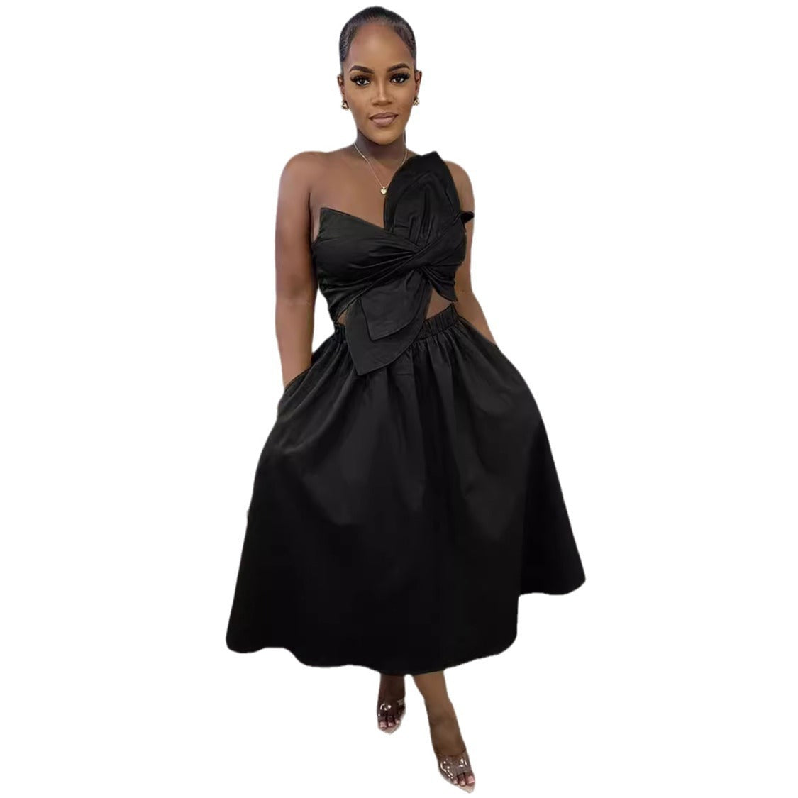 Sexy Solid Color Smocking One Shoulder Petal Hollow Out Cutout out Dress