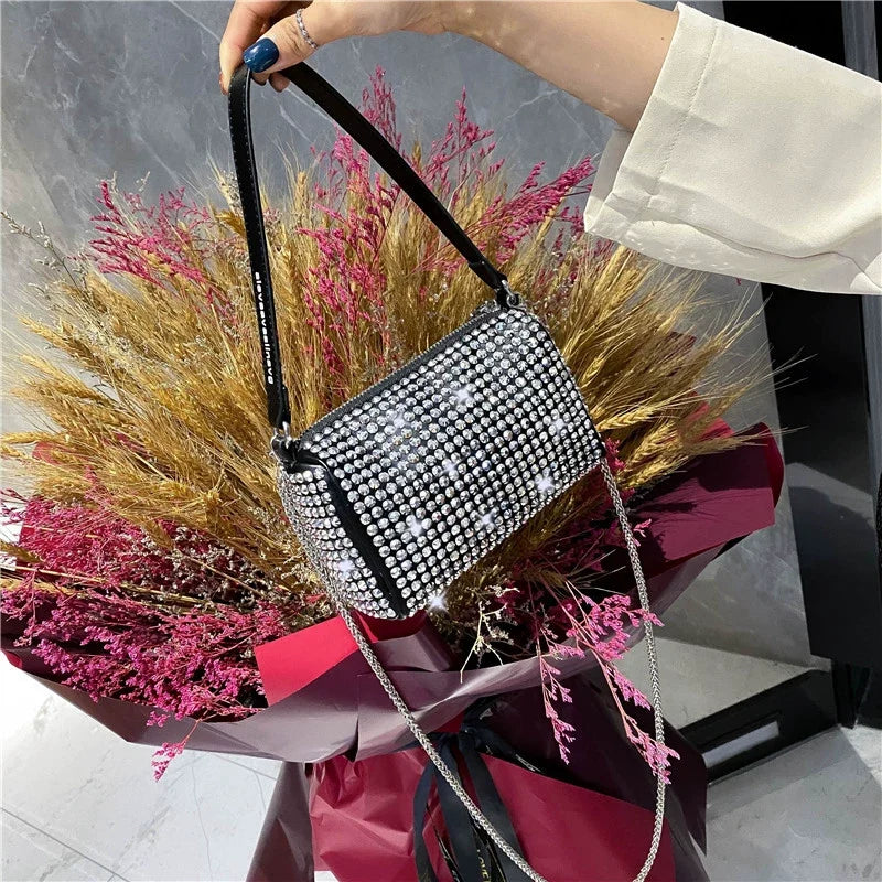 ✨New Arrival Trendy Rhinestone Small Square Bag | Full Diamond Underarm Bag & Diamond-Embedded Women's Shoulder Crossbody Small Handbag🎀