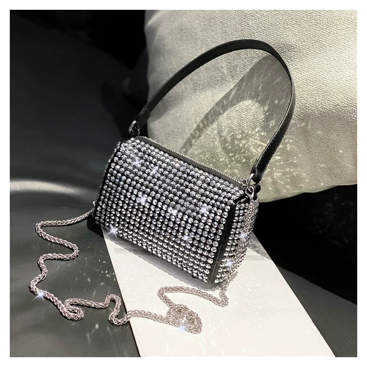 ✨New Arrival Trendy Rhinestone Small Square Bag | Full Diamond Underarm Bag & Diamond-Embedded Women's Shoulder Crossbody Small Handbag🎀