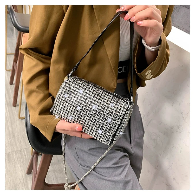 ✨New Arrival Trendy Rhinestone Small Square Bag | Full Diamond Underarm Bag & Diamond-Embedded Women's Shoulder Crossbody Small Handbag🎀