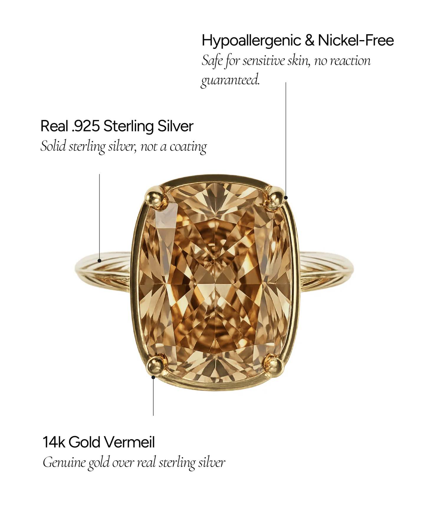 ✨Sterling Silver Elongated Cushion Champagne CZ Cocktail Ring