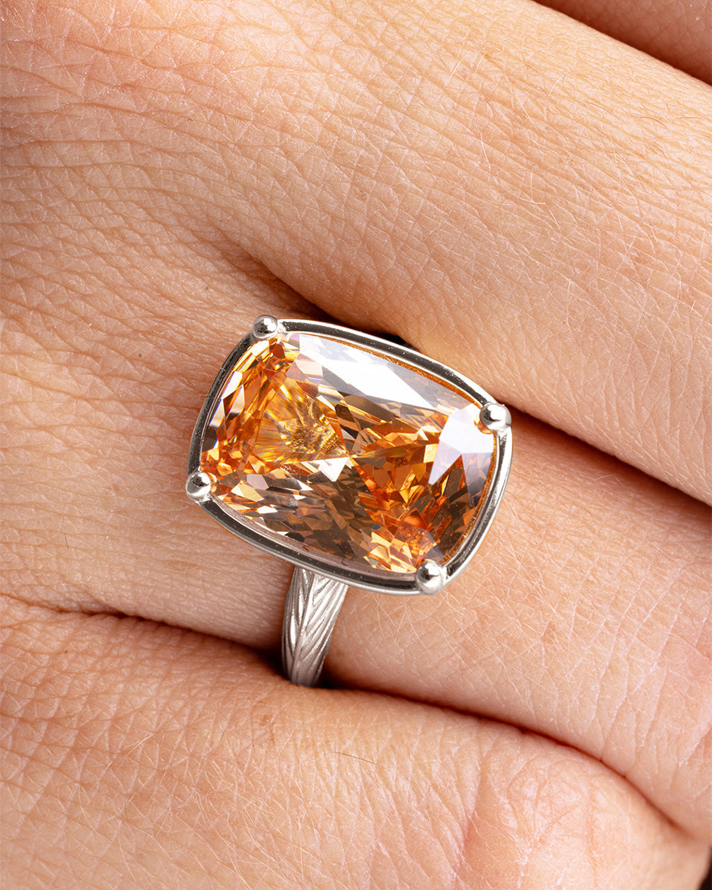 ✨Sterling Silver Elongated Cushion Champagne CZ Cocktail Ring