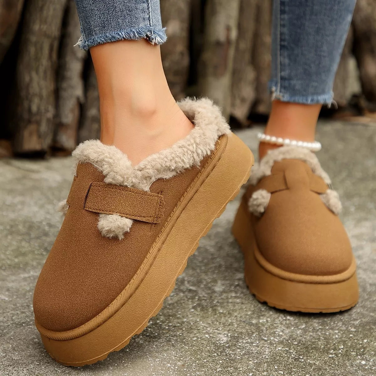Fuzzy Trim Buckle Platform Slippers