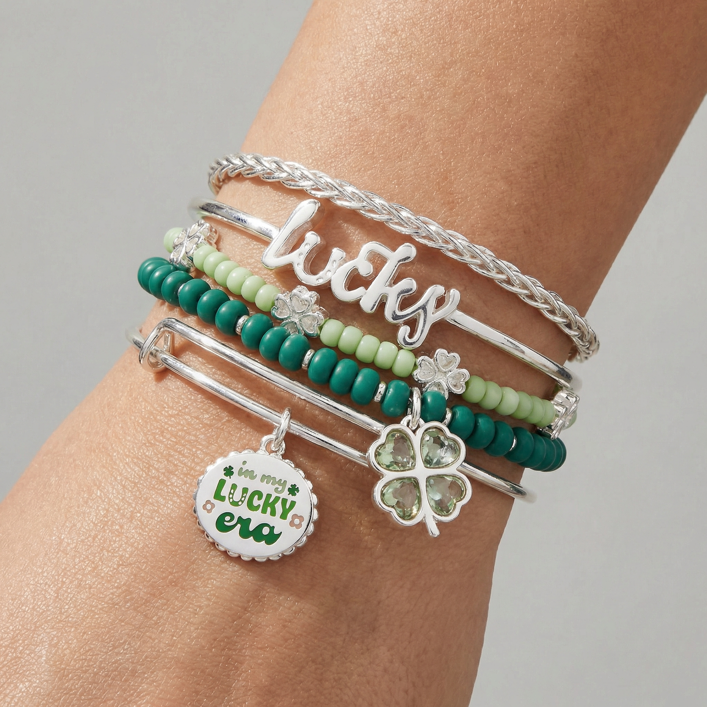 Lucky Four-Leaf Clover Bangle Set of 5 ✨🍀 Silver Charm Bracelet Stack | Alex and Ani 💎👑
