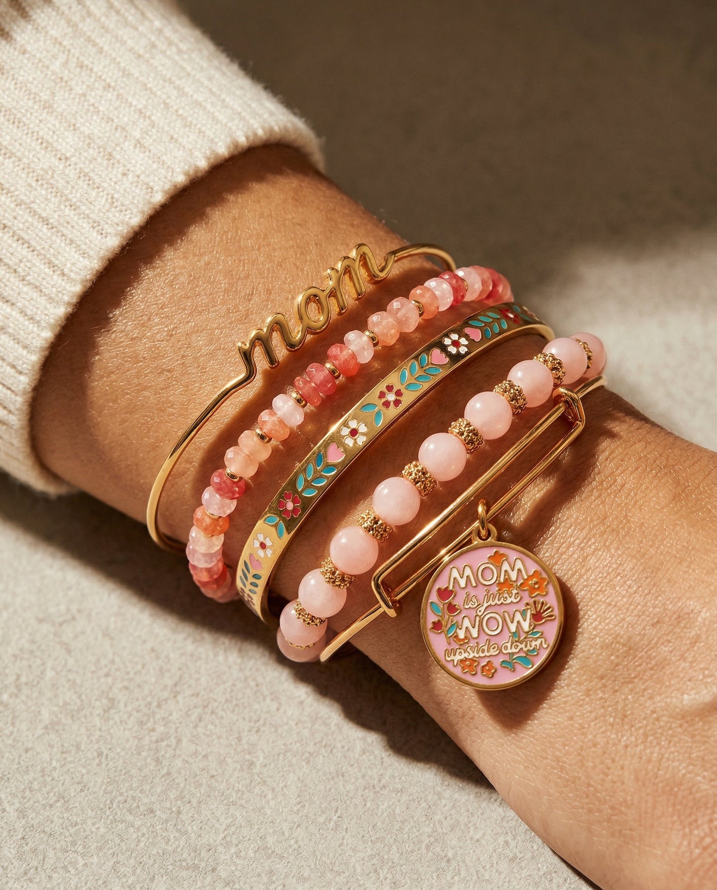 'Mom Is Just Wow Upside Down' Bangle Set of 5 ✨🌸💛 Gold Floral Charm Bracelet Stack | Alex and Ani 💎👑