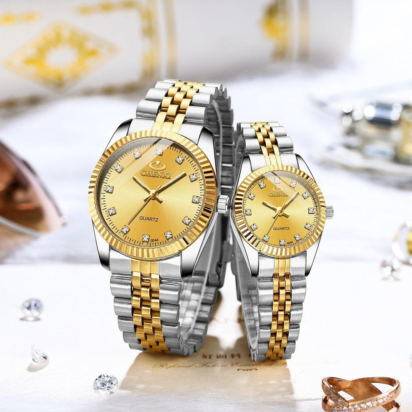 Couples Luxury Quartz Watch Set ⌚✨ His & Hers Waterproof Stainless Steel Luminous | Valentine Gift ❤️🖤
